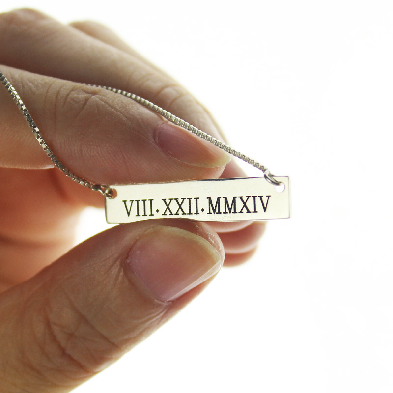Custom Roman Numeral Bar Necklace Sterling Silver